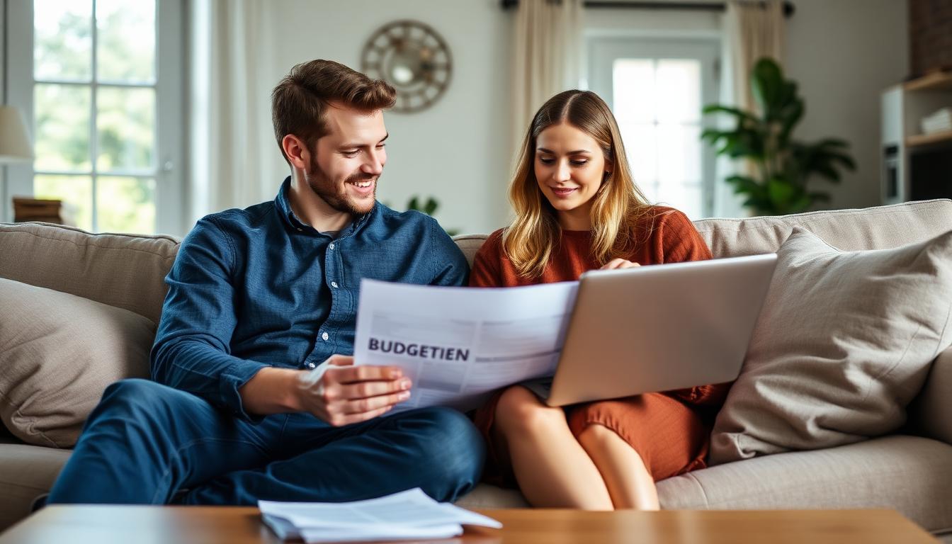 Couple discussing home budget together on couch
