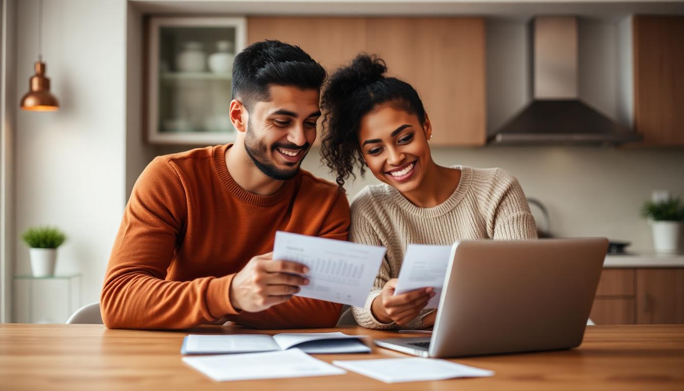 Couple reviewing finances together at kitchen table