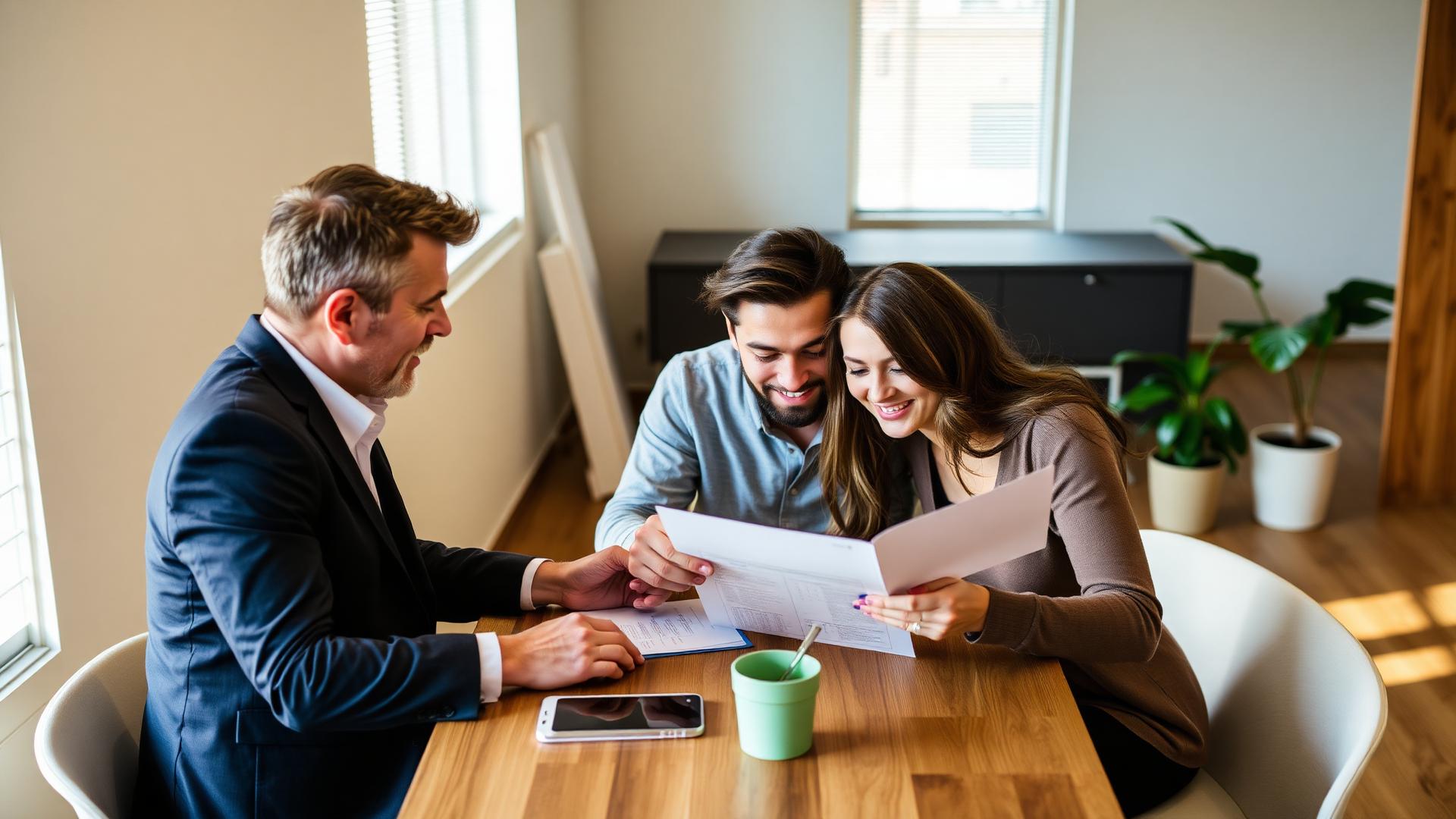 Buyers reviewing financial documents with their real estate agent