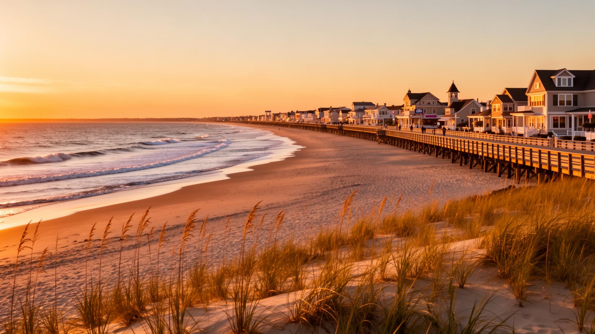 Golden hour view of the Delaware beach boardwalk and coastline with charming beach town homes