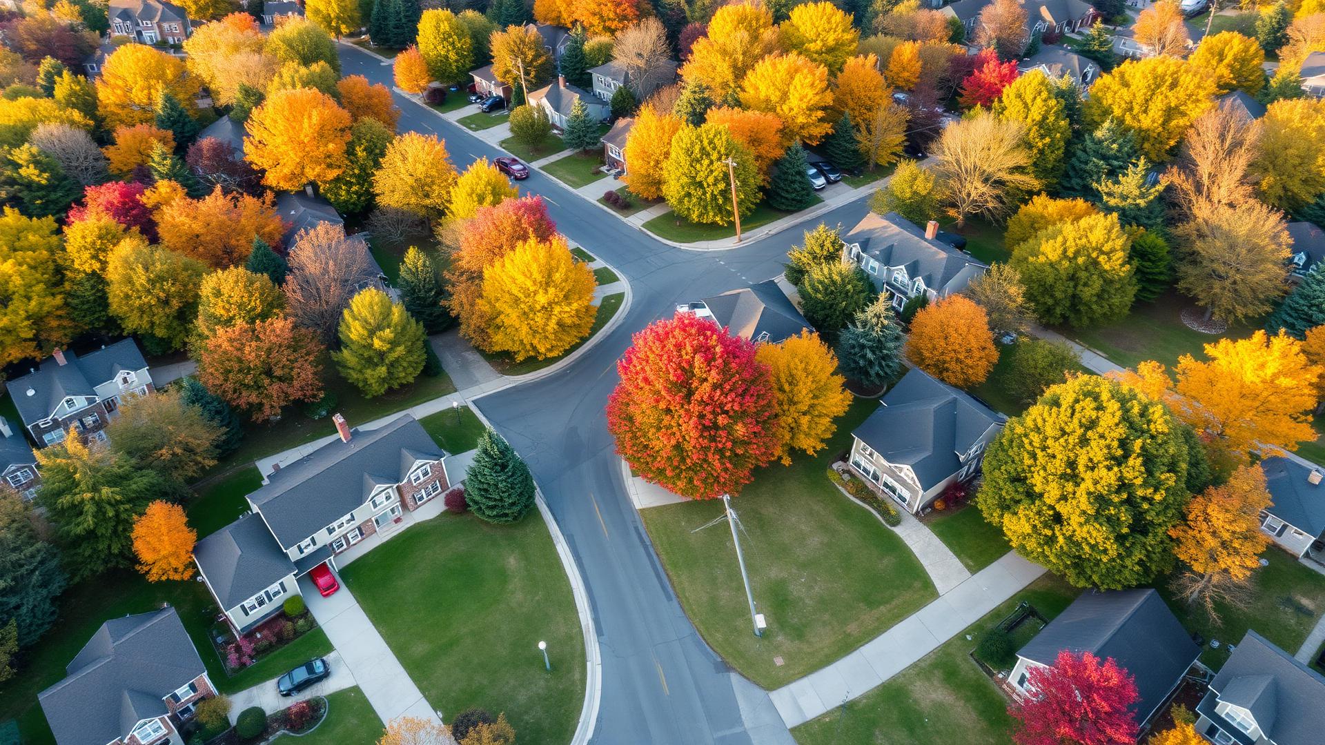 Aerial view of a tree-lined Delaware neighborhood in autumn
