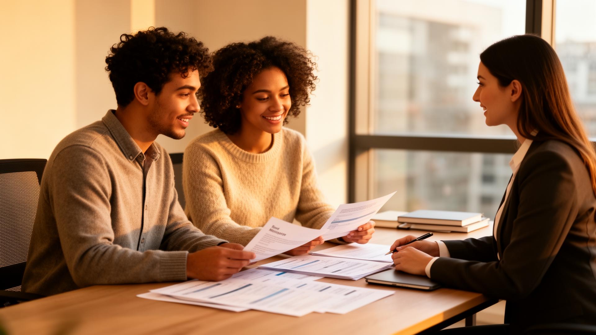 Couple meeting with a mortgage lender reviewing financing documents