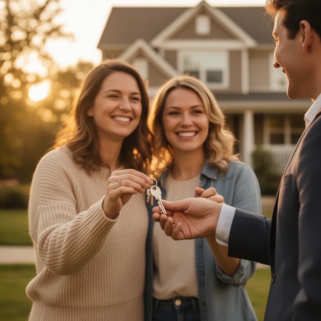 Happy homebuyers receiving keys from their agent