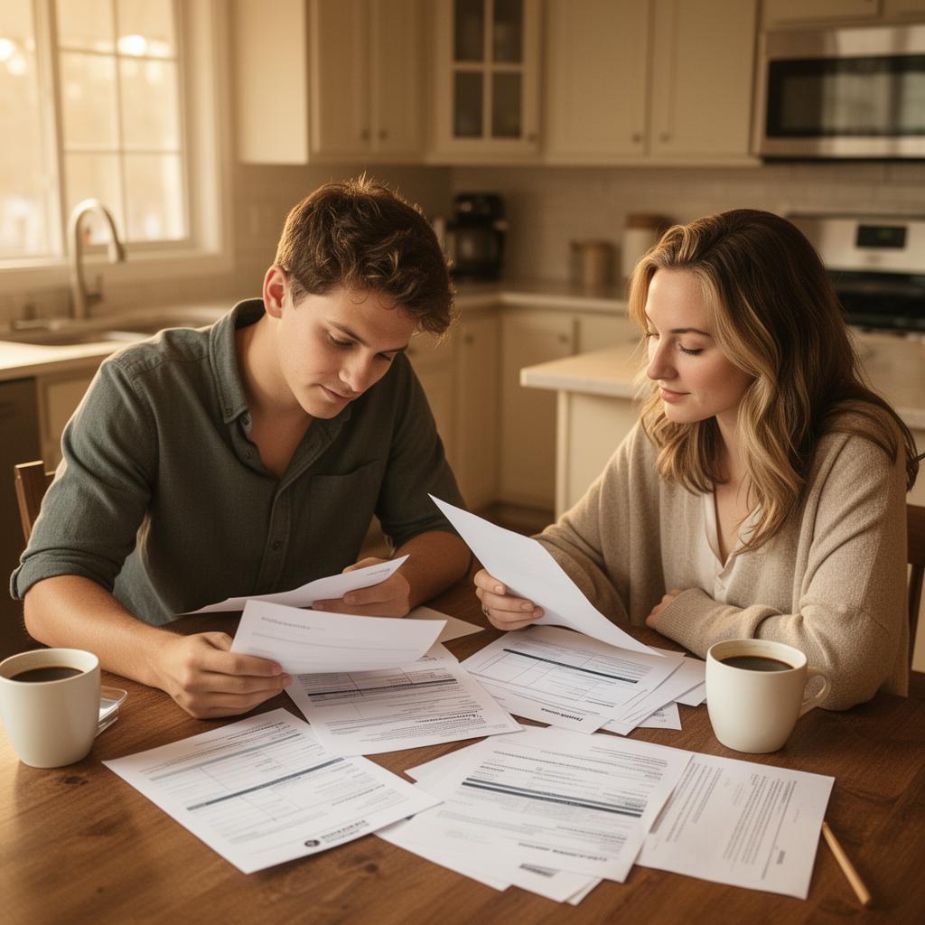 Couple reviewing mortgage paperwork at home