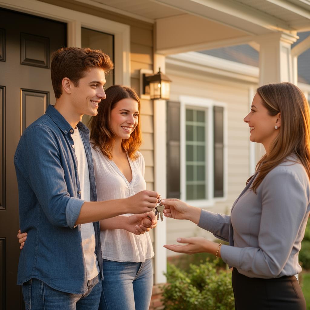 First-time buyers receiving keys to their new home