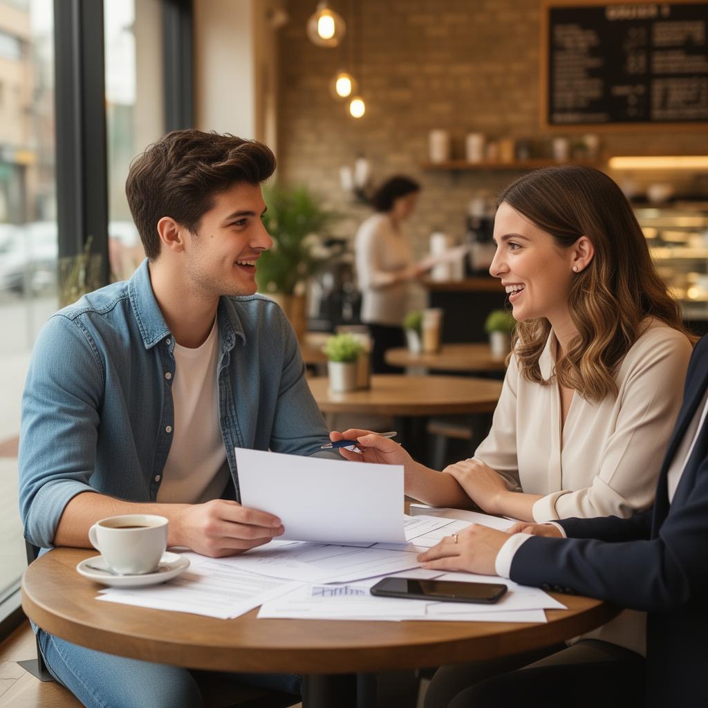 First-time buyers meeting with a real estate agent to discuss their home buying goals
