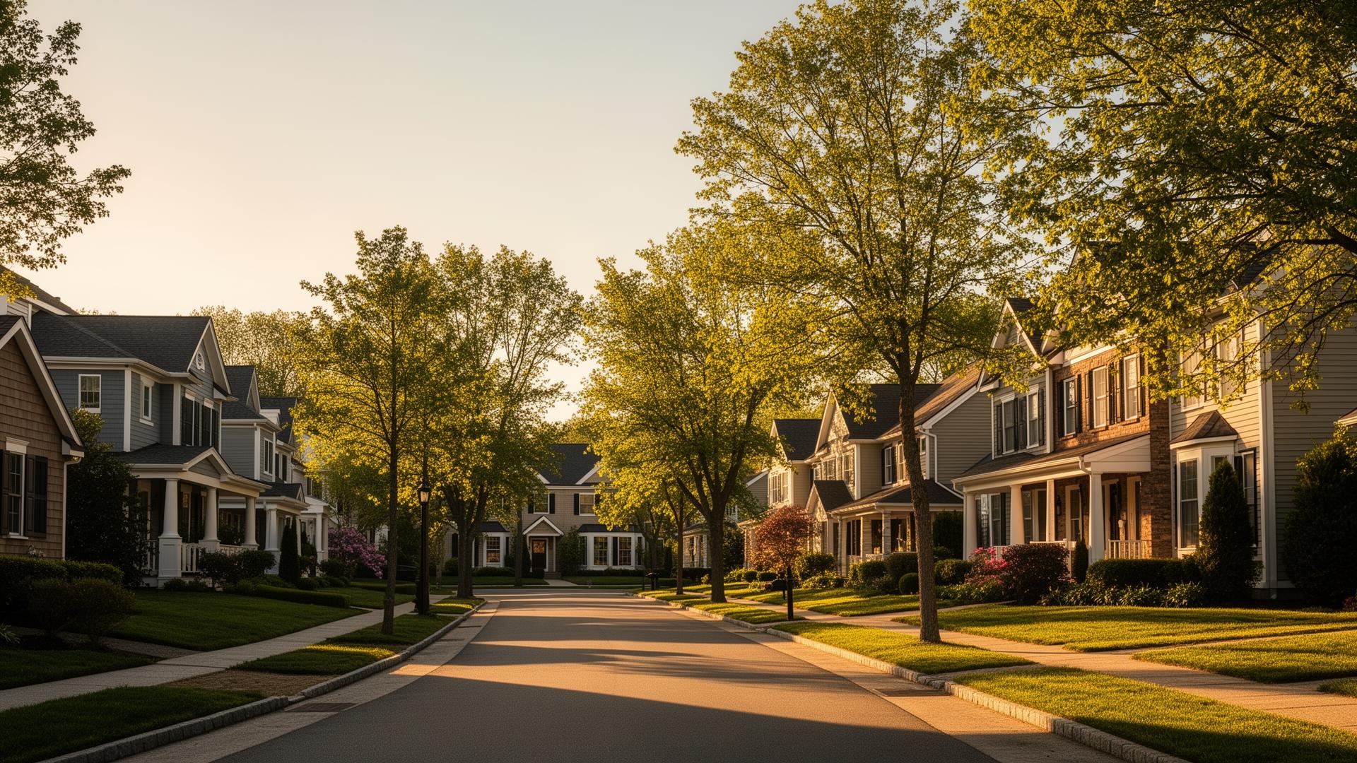 Beautiful tree-lined residential street in a suburban neighborhood