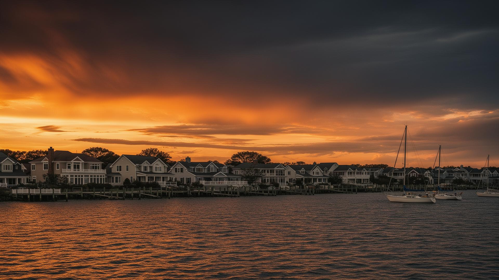 Chesapeake Bay Maryland waterfront homes at sunset