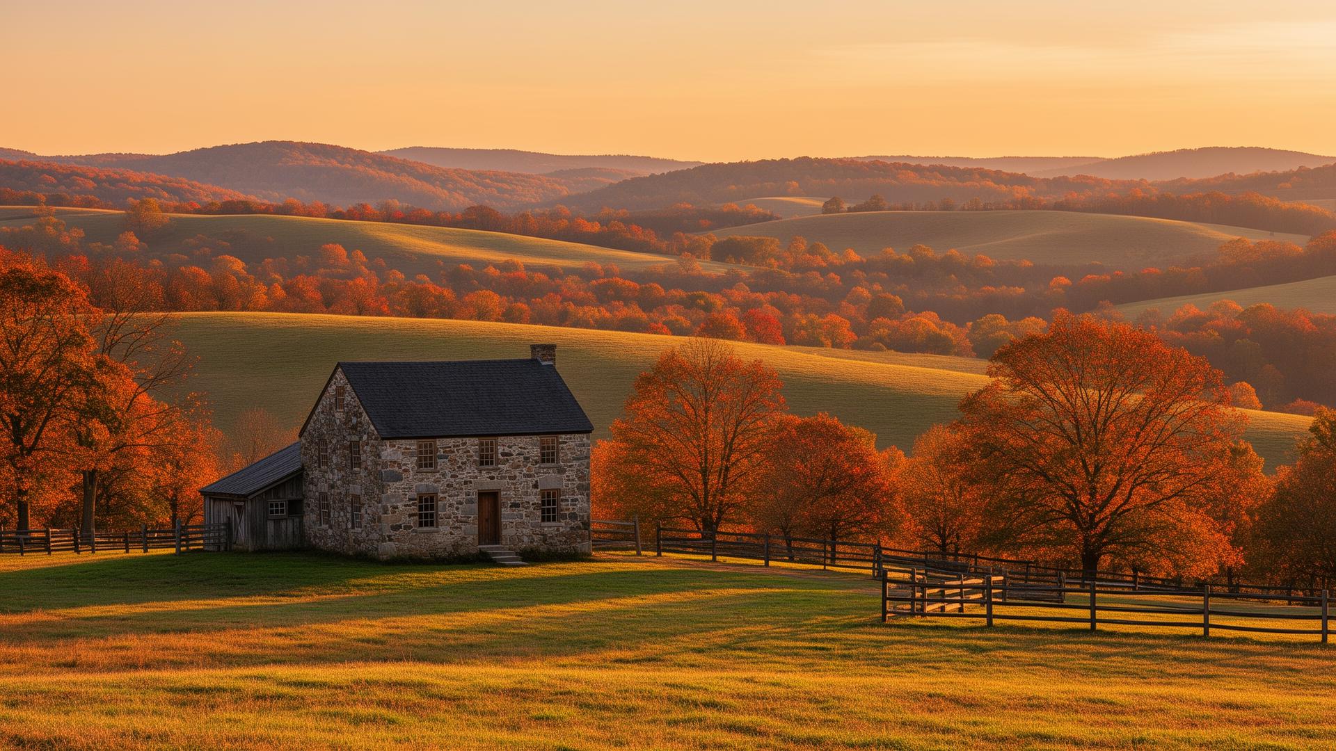 Chester County Pennsylvania rolling hills and stone farmhouse in autumn