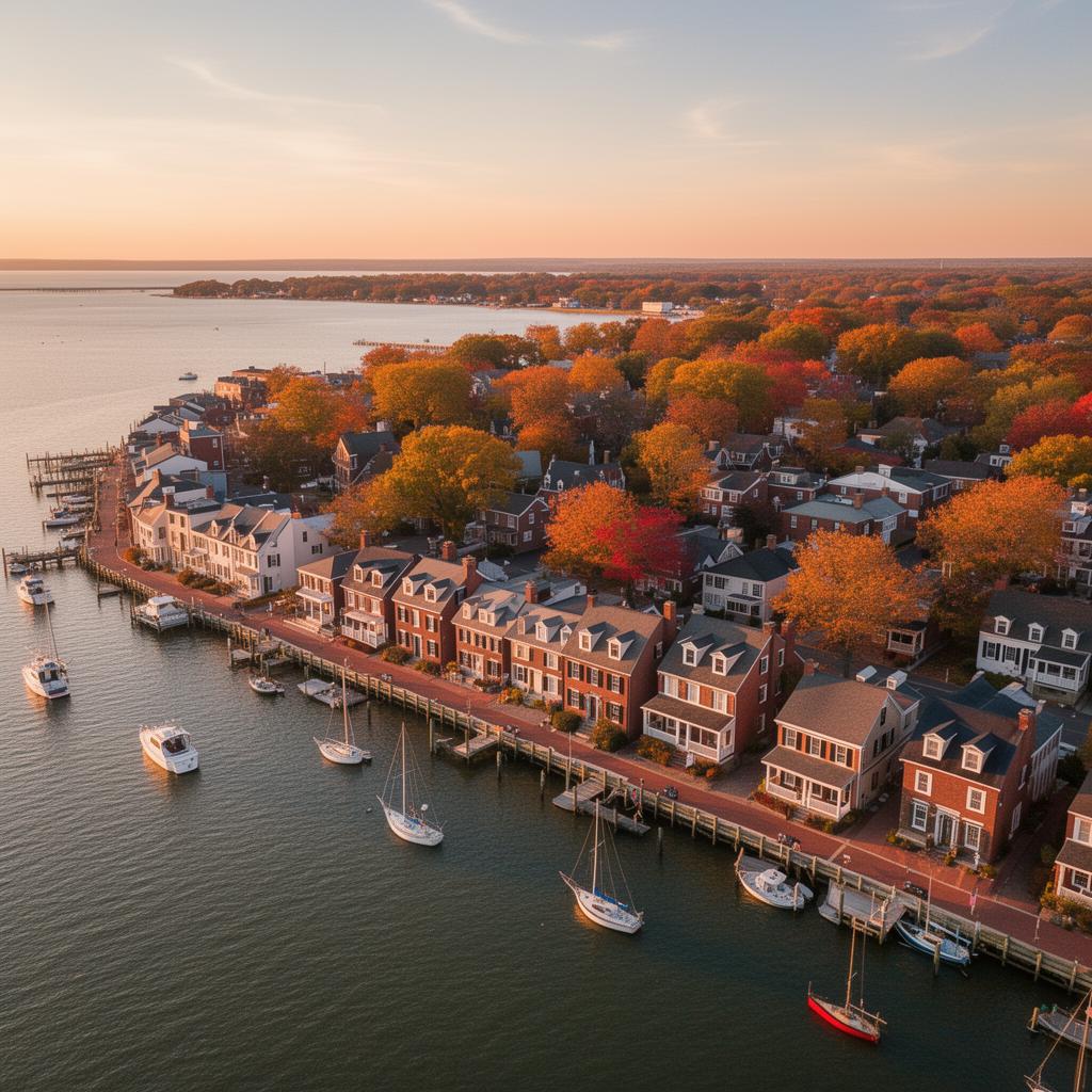 Aerial view of a charming waterfront town along the Chesapeake Bay in Maryland