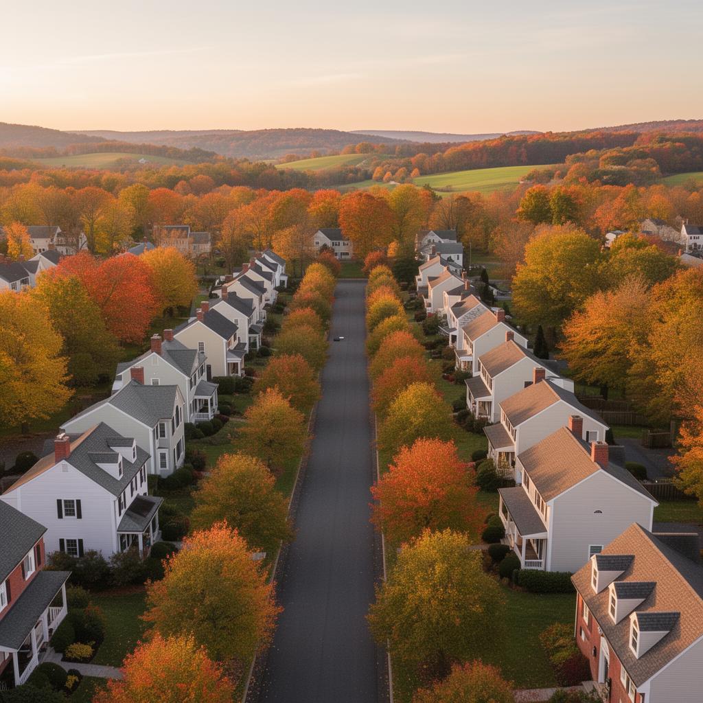 Aerial view of a tree-lined southeastern Pennsylvania neighborhood in autumn